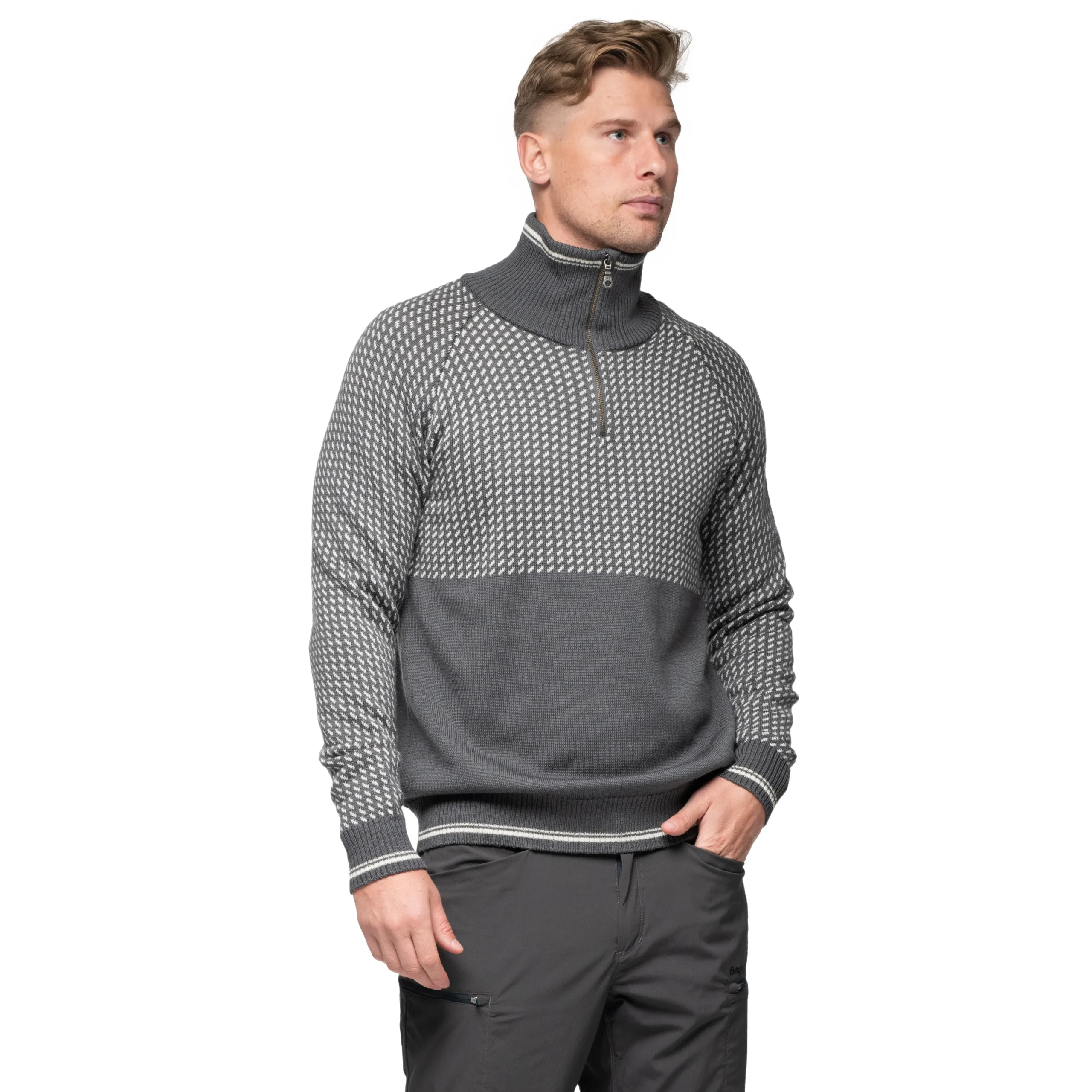 Shop Bergans Alvdal Wool Half Zip - Solid Dark Grey / Vanilla White