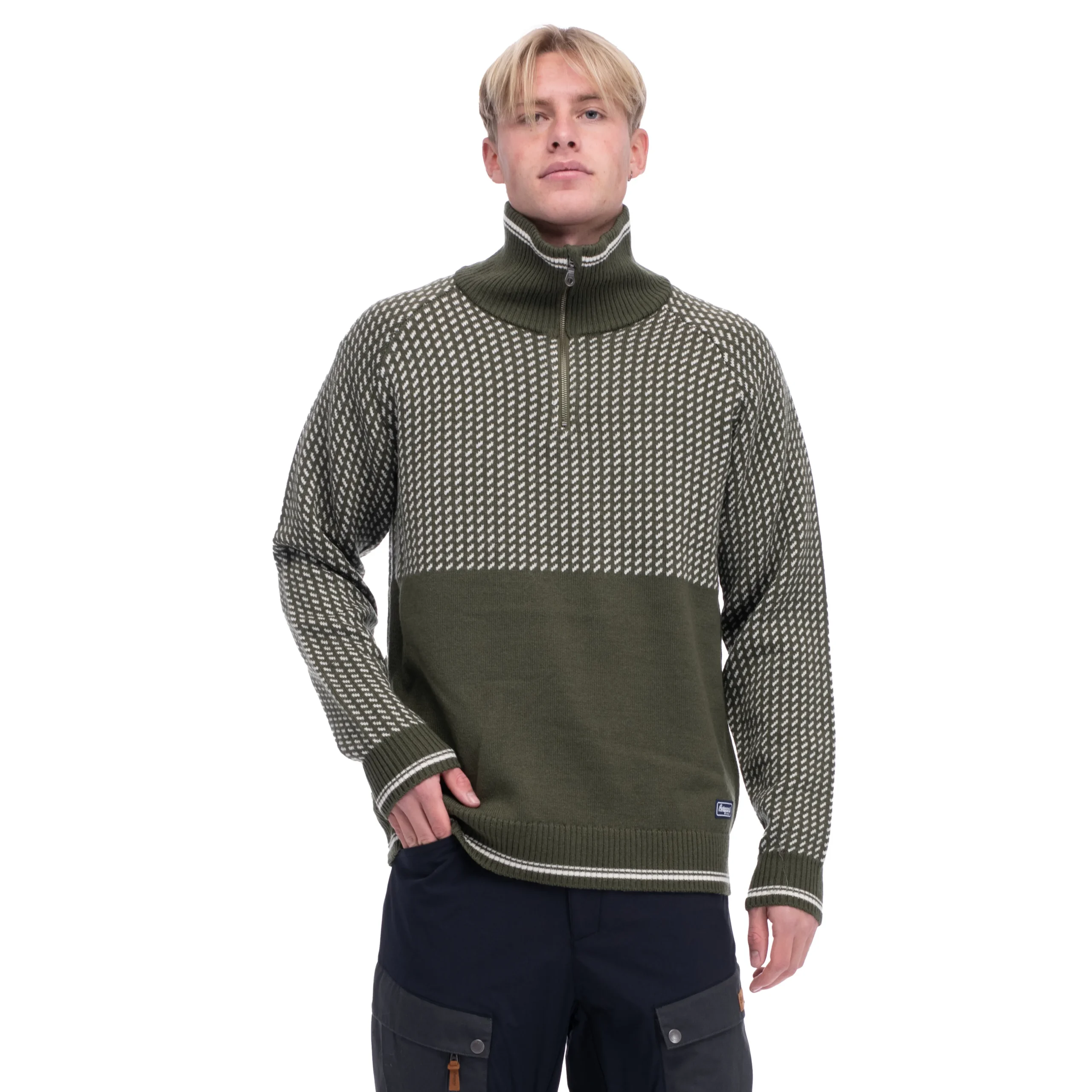 Cheap Bergans Alvdal Wool Half Zip - Dark Olive Green / Vanilla White