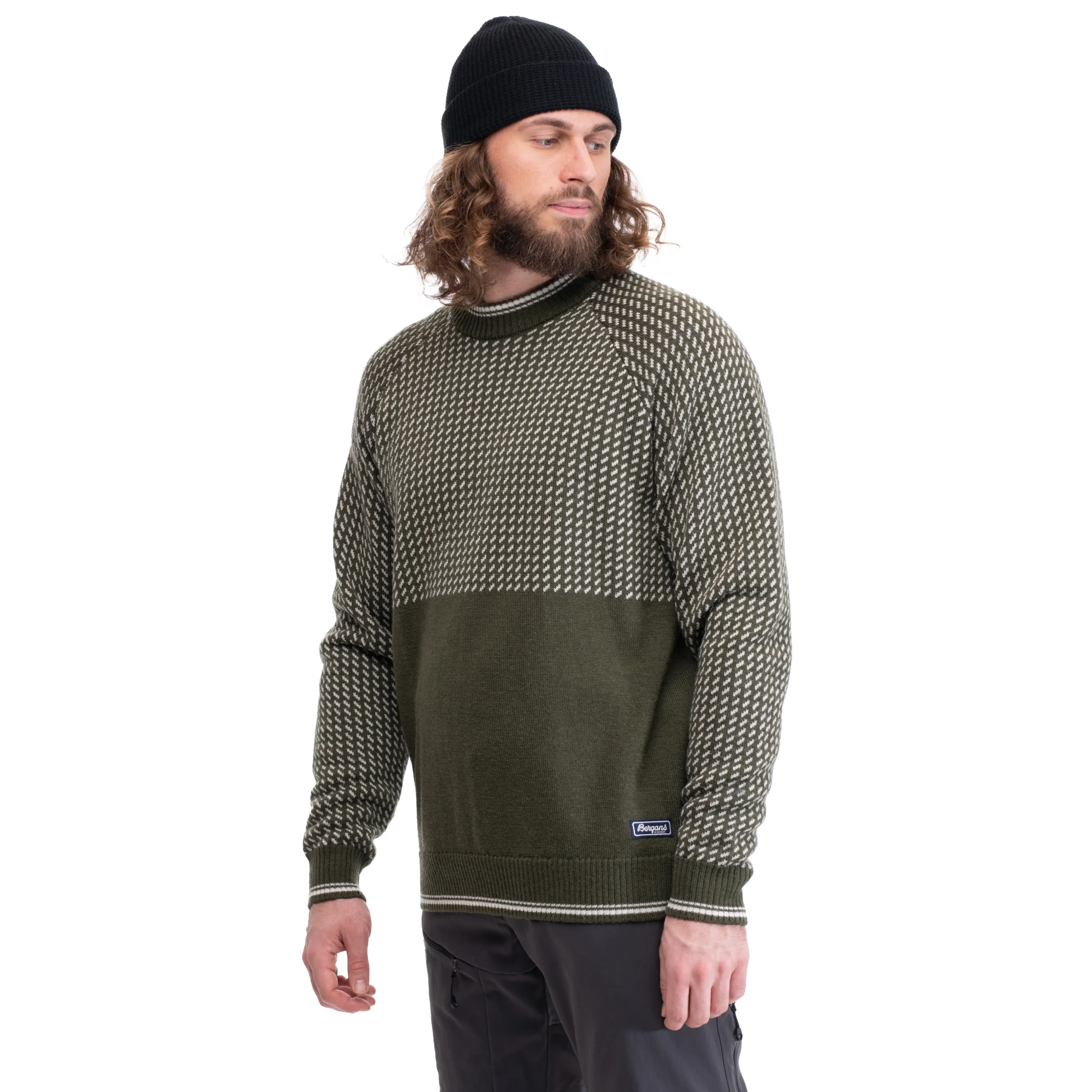 Outlet Bergans Alvdal Wool Jumper - Dark Olive Green / Vanilla White