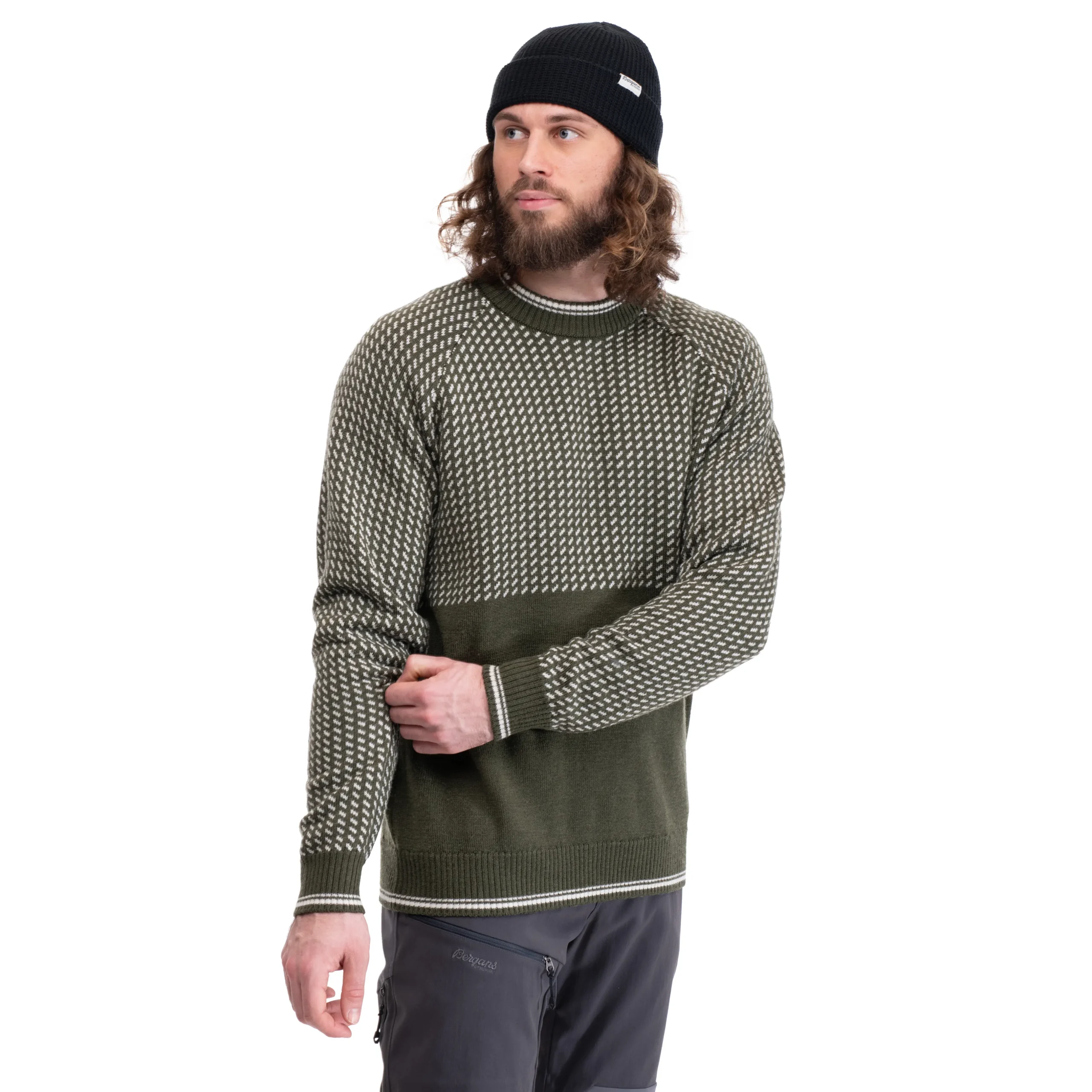 Outlet Bergans Alvdal Wool Jumper - Dark Olive Green / Vanilla White
