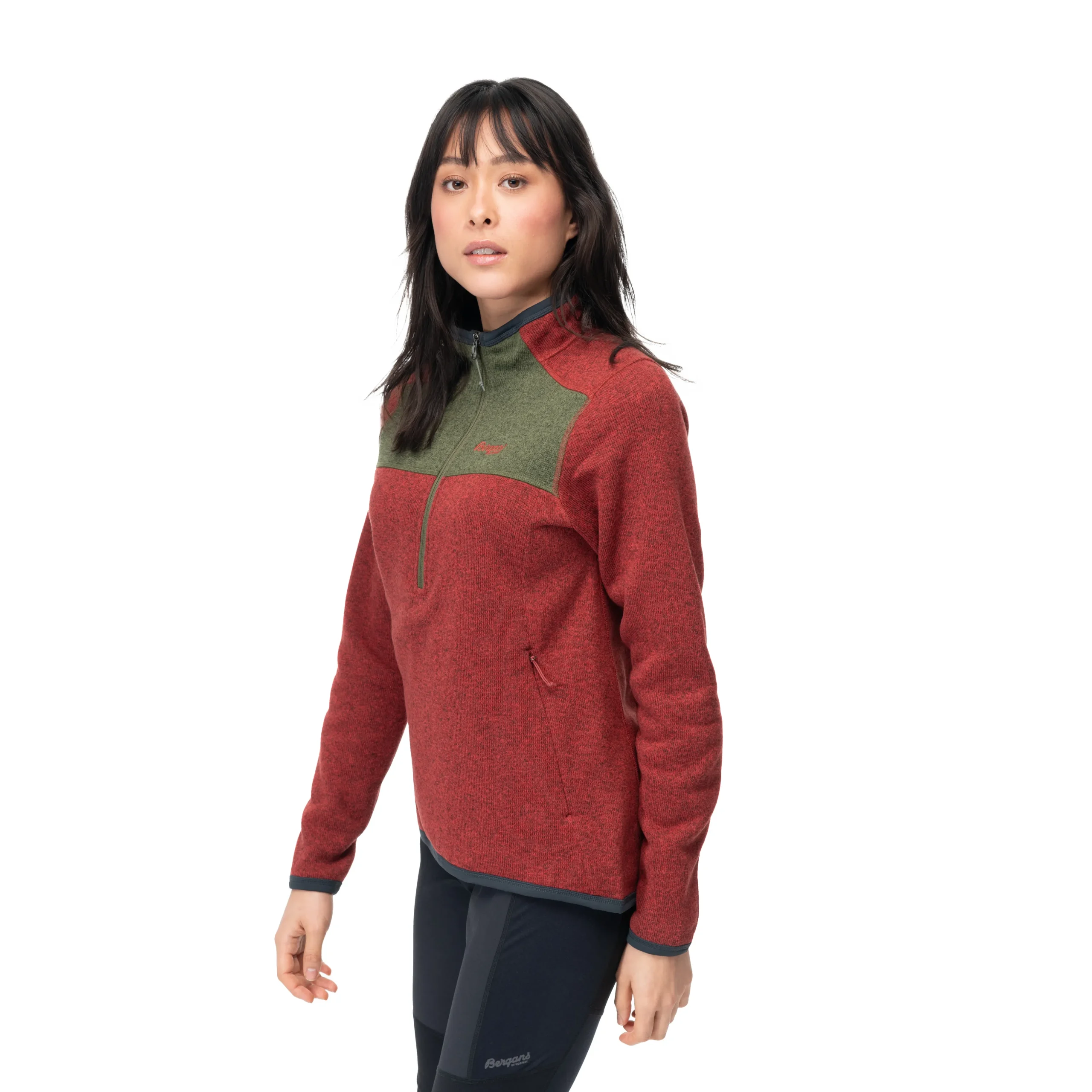 Sale Bergans Kamphaug Knitted W Half Zip - Chianti Red / Dark Olive Green